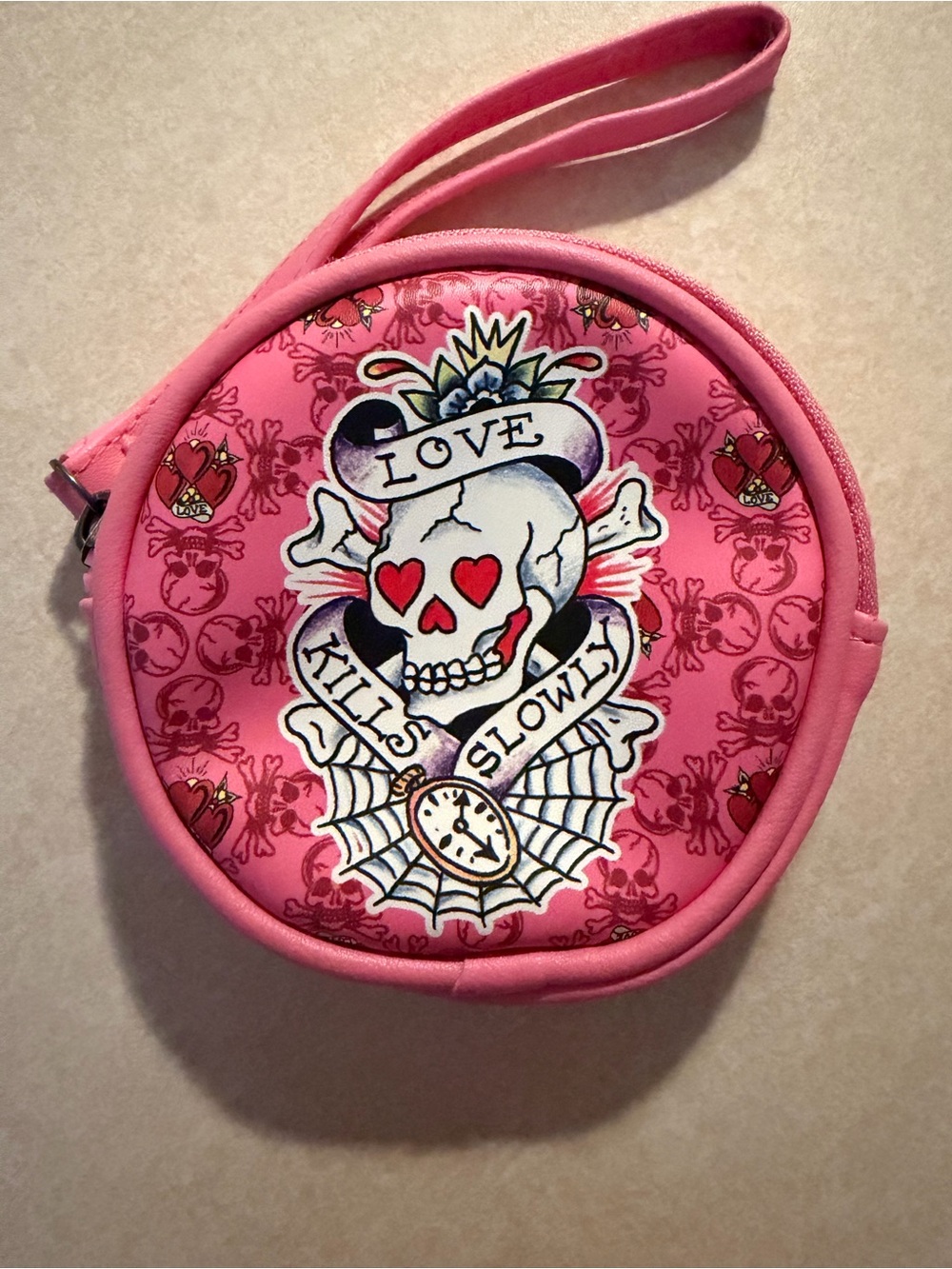Ed Hardy Love Kills Slowly Round Coin Pouch Wristlet